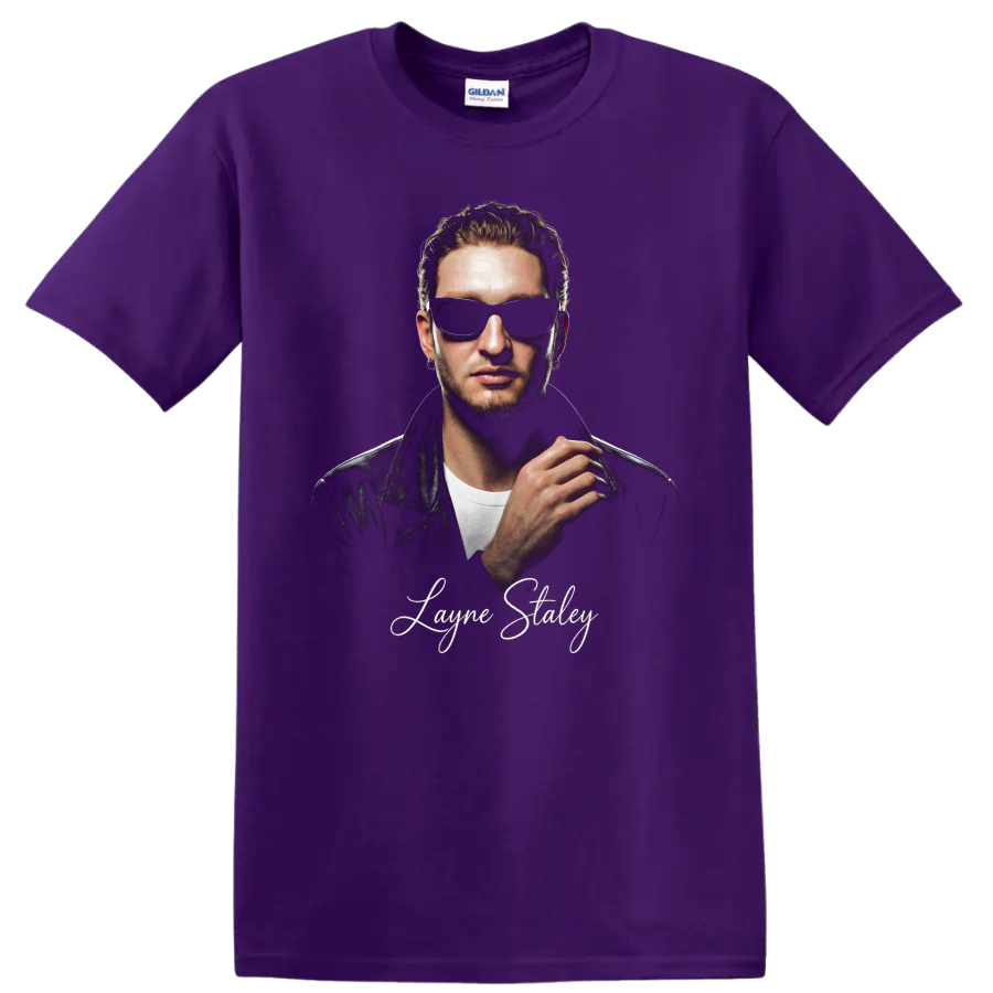 Layne Staley portrait in sunglasses and leather jacket with signature on a Purple T Shirt