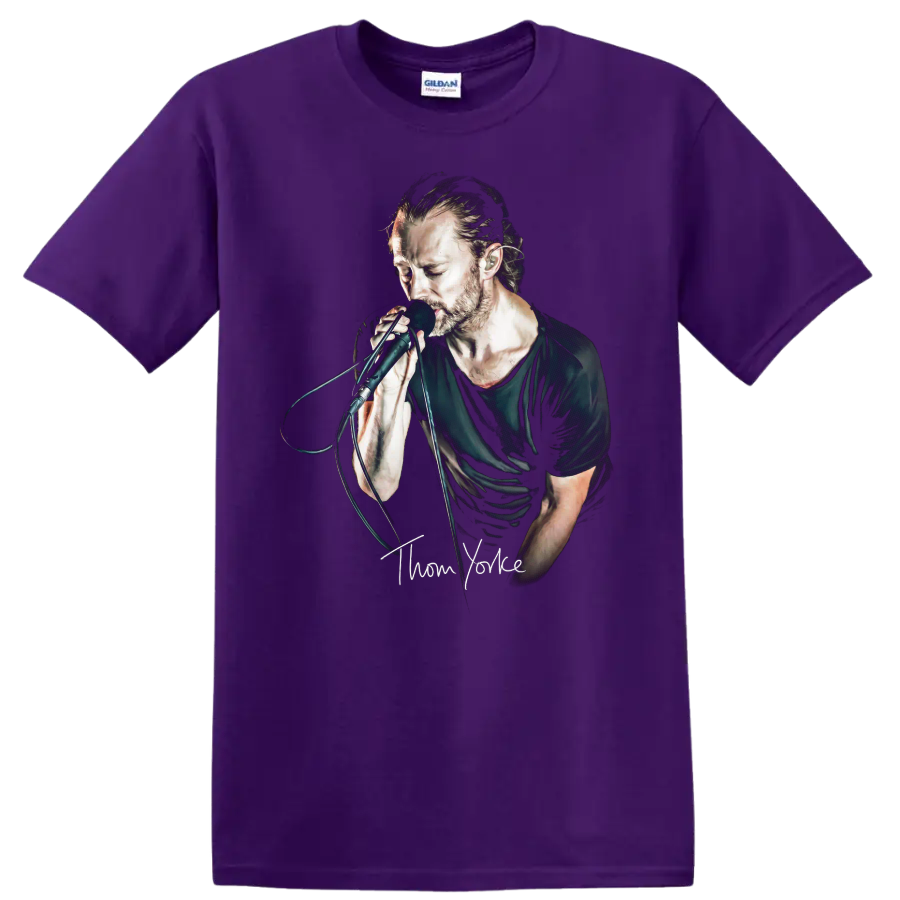 Thom Yorke portrait singing into a microphone in a dark graphic style on a Purple T Shirt