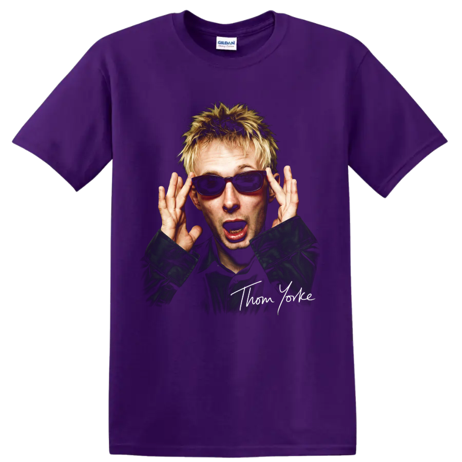 Thom Yorke portrait in sunglasses with handwritten-style name on a Purple T Shirt
