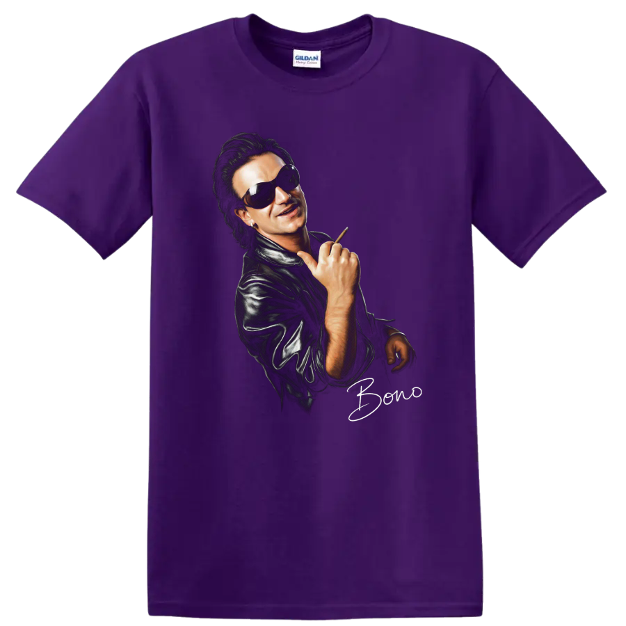 Bono U2 rock portrait wearing sunglasses and a leather jacket on a Purple T Shirt