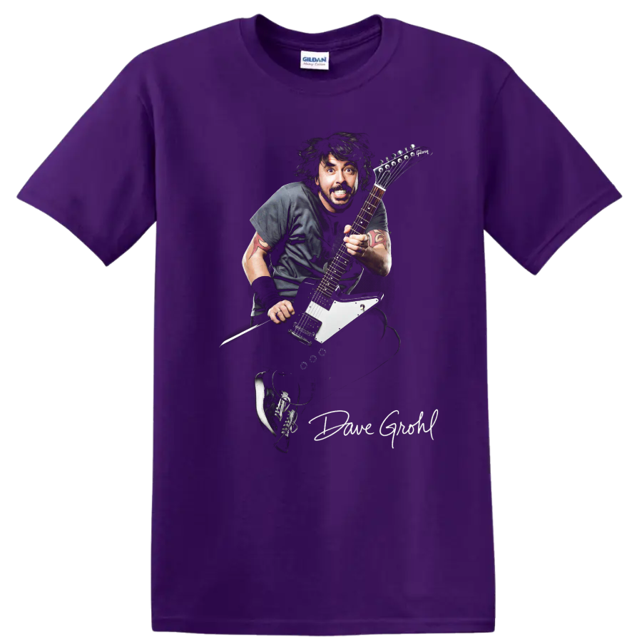Dave Grohl Foo Fighters electric guitar rock performance graphic on a Purple T Shirt