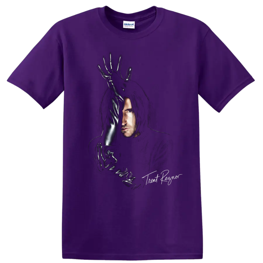 Trent Reznor portrait with glossy black gloves in an industrial rock graphic on a Purple T Shirt