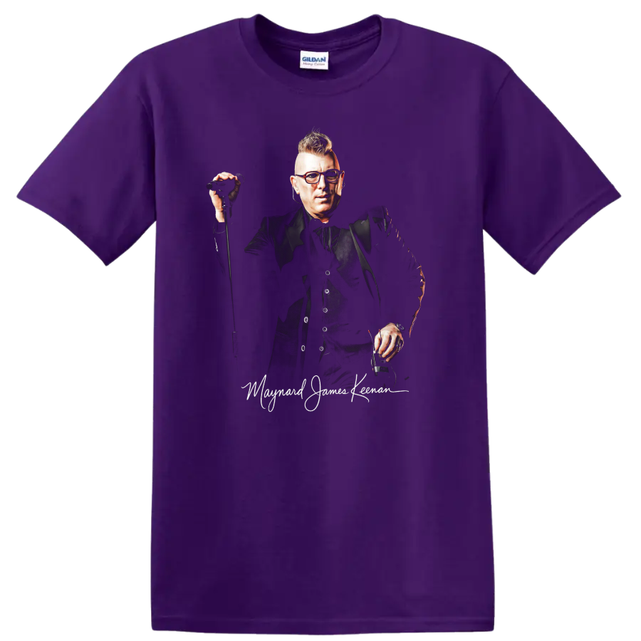 Maynard James Keenan rock portrait with microphone and distressed lettering on a Purple T Shirt