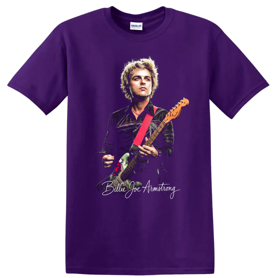Billie Joe Armstrong Green Day guitar portrait graphic print on a Purple T Shirt