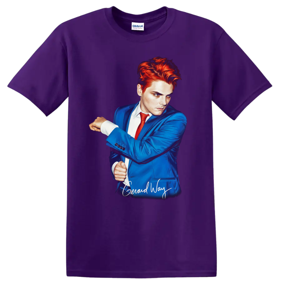 Gerard Way portrait in blue suit and red tie, stylized music fan art on a Purple T Shirt