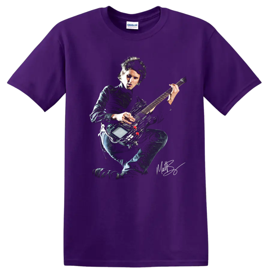 Matt Bellamy of Muse playing electric guitar in a dramatic rock portrait on a Purple T Shirt