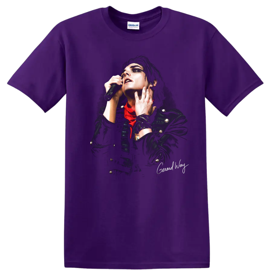 Gerard Way performing in dramatic Black Parade era graphic portrait on a Purple T Shirt