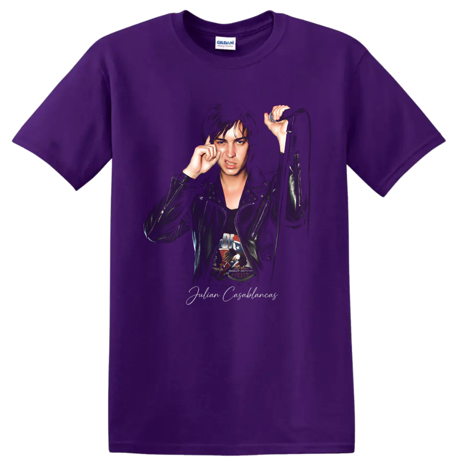 Julian Casablancas portrait with microphone, illustrated rock music design on a Purple T Shirt
