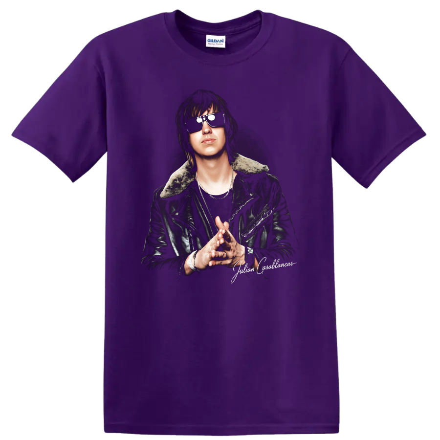 Julian Casablancas portrait with sunglasses and leather jacket on a Purple T Shirt