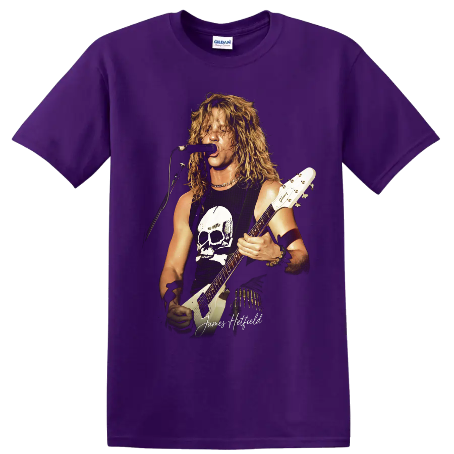 James Hetfield Metallica guitarist performing with a skull graphic on a Purple T Shirt
