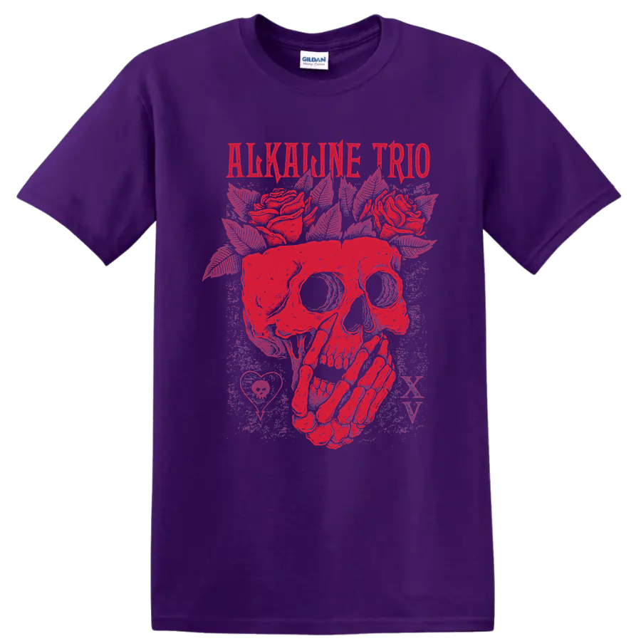 Alkaline Trio distressed red skull and roses punk rock graphic on a Purple T Shirt