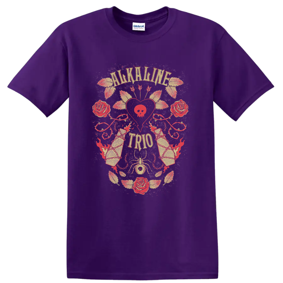 Alkaline Trio distressed punk rock rose heart graphic with ornate details on a Purple T Shirt