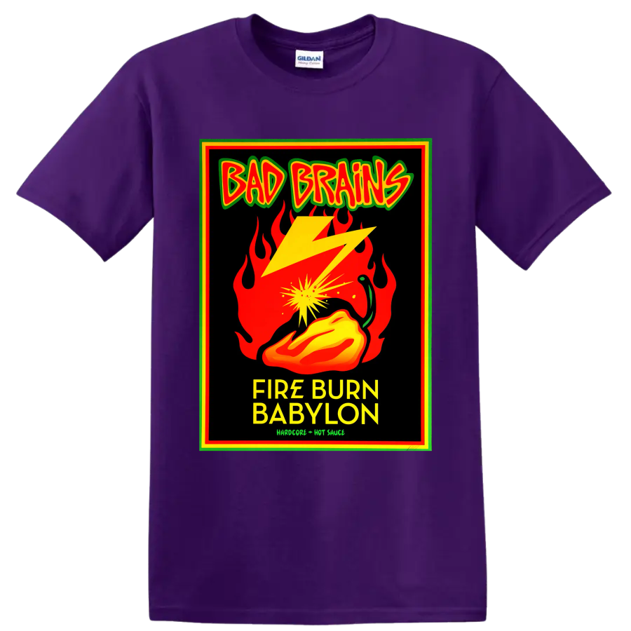Bad Brains Fire Burn Babylon punk graphic with flames, lightning, and hot pepper on a Purple T Shirt