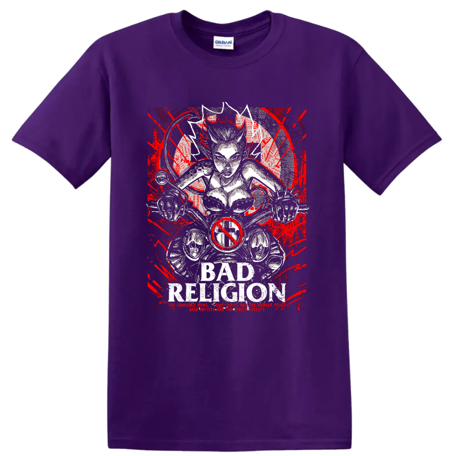 Bad Religion distressed punk rock skeletal graphic with red accents on a Purple T Shirt