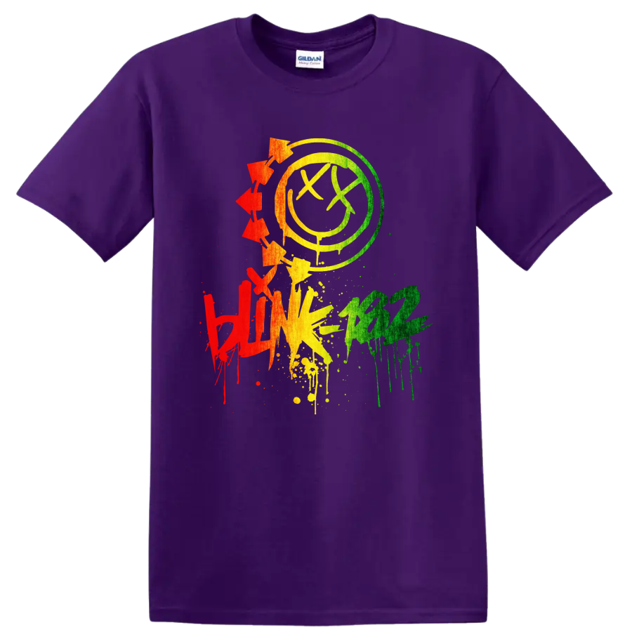 Blink-182 colorful distressed smiley punk rock graphic on a Purple T Shirt