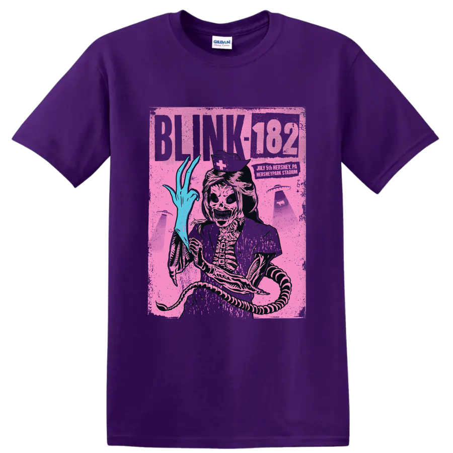 Blink-182 skeleton punk rock graphic with distressed poster-style artwork on a Purple T Shirt
