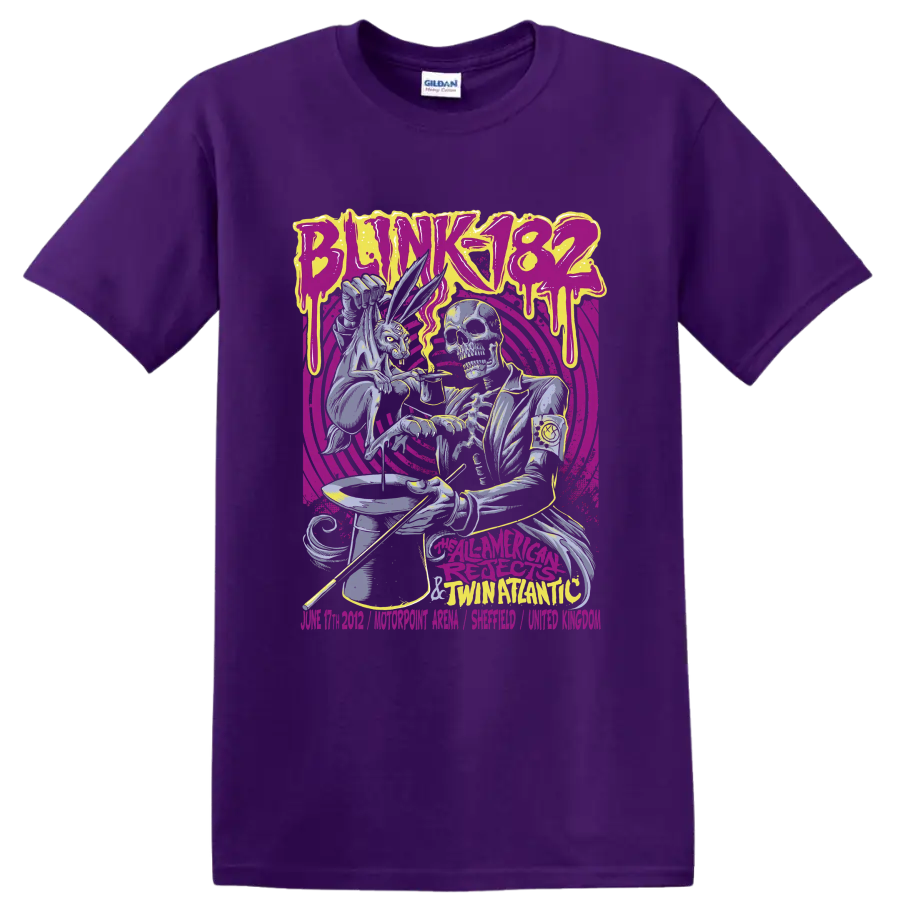 Blink-182 punk rock skeleton graphic with purple and yellow artwork on a Purple T Shirt