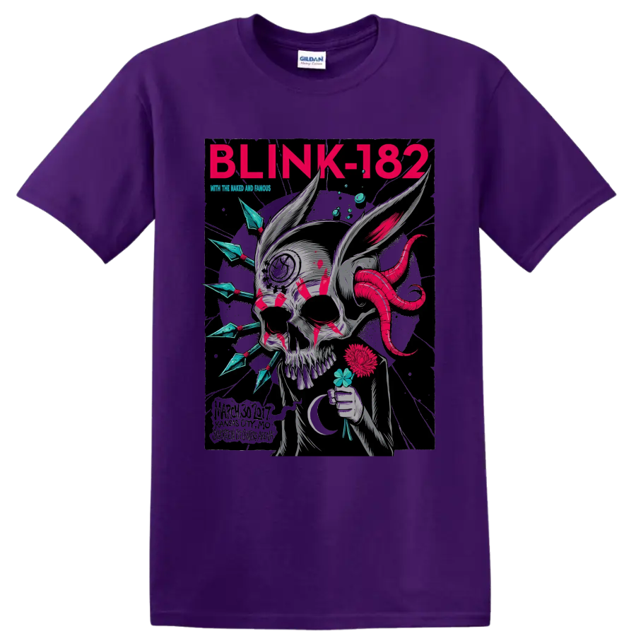 Blink-182 punk rock skull graphic with magenta tentacles and flowers on a Purple T Shirt