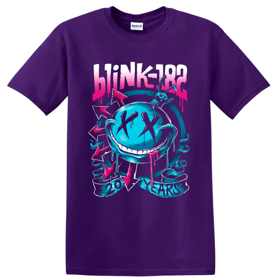 Blink-182 punk rock globe graphic with arrows and distressed lettering on a Purple T Shirt