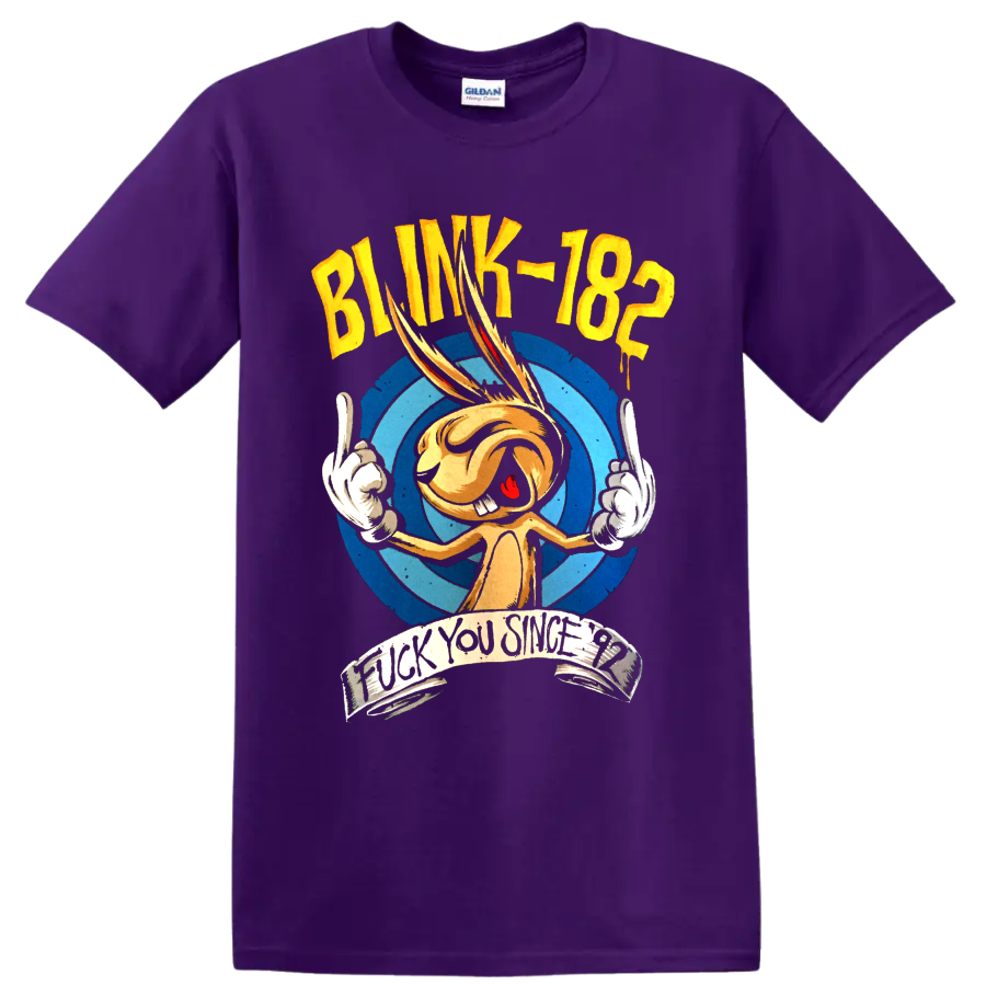 Blink-182 punk rock cartoon graphic with distressed lettering on a Purple T Shirt