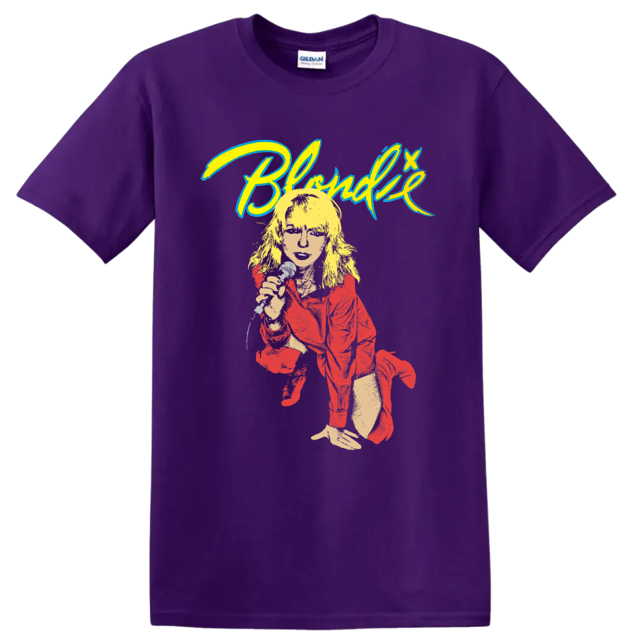 Blondie punk rock graphic with performer, microphone, and bold logo lettering on a Purple T Shirt