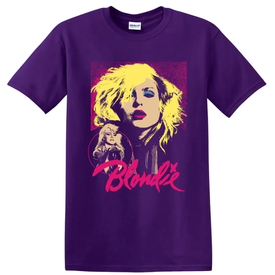 Blondie Debbie Harry pop art portrait with bold pink lettering on a Purple T Shirt
