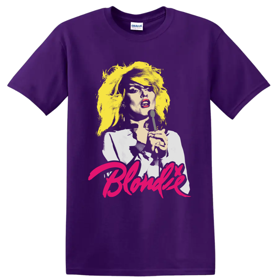 Blondie punk rock singer portrait graphic with microphone and pink lettering on a Purple T Shirt