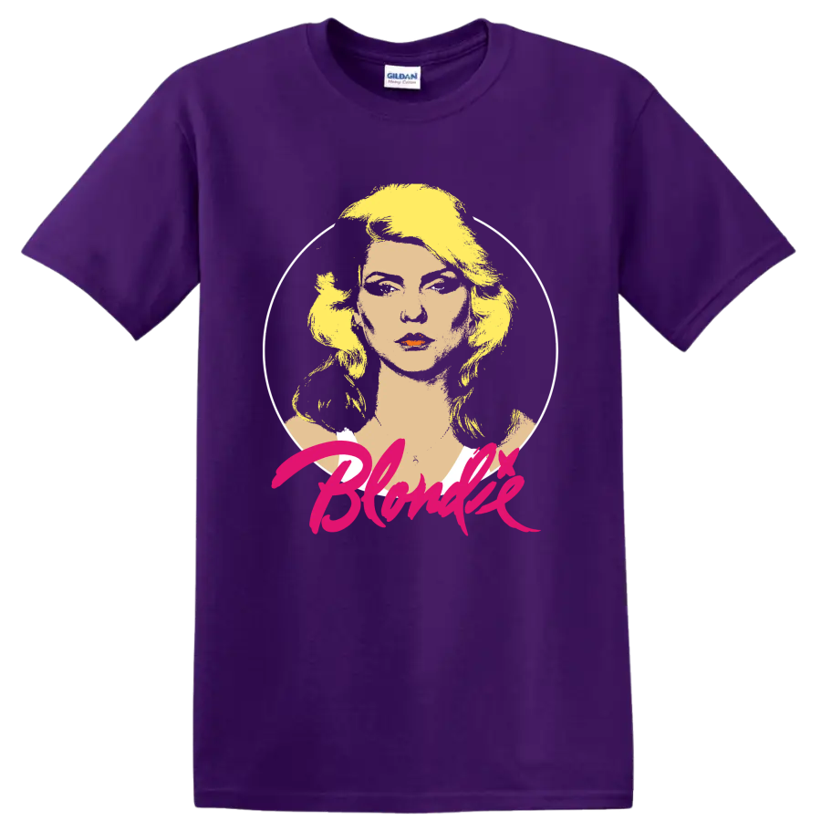 Blondie punk rock portrait graphic with pink script lettering on a Purple T Shirt