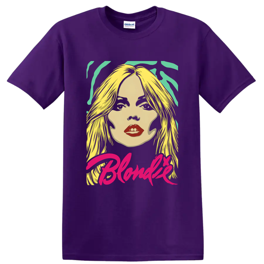 Blondie Debbie Harry pop-art portrait with pink script lettering on a Purple T Shirt