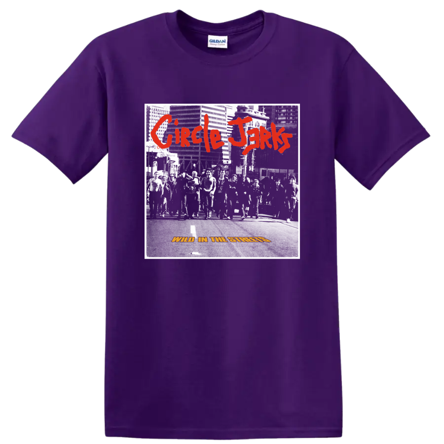 Circle Jerks distressed punk rock band graphic with red lettering on a Purple T Shirt