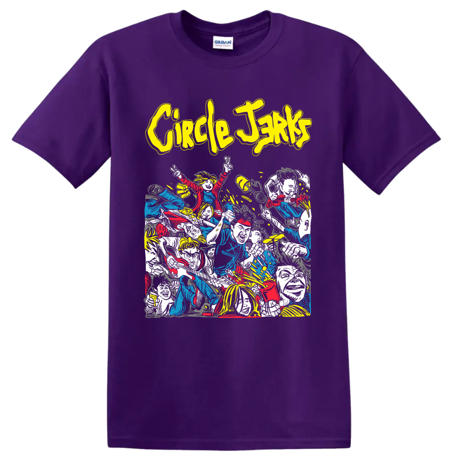 Circle Jerks punk rock band crowd artwork with bold yellow lettering on a Purple T Shirt