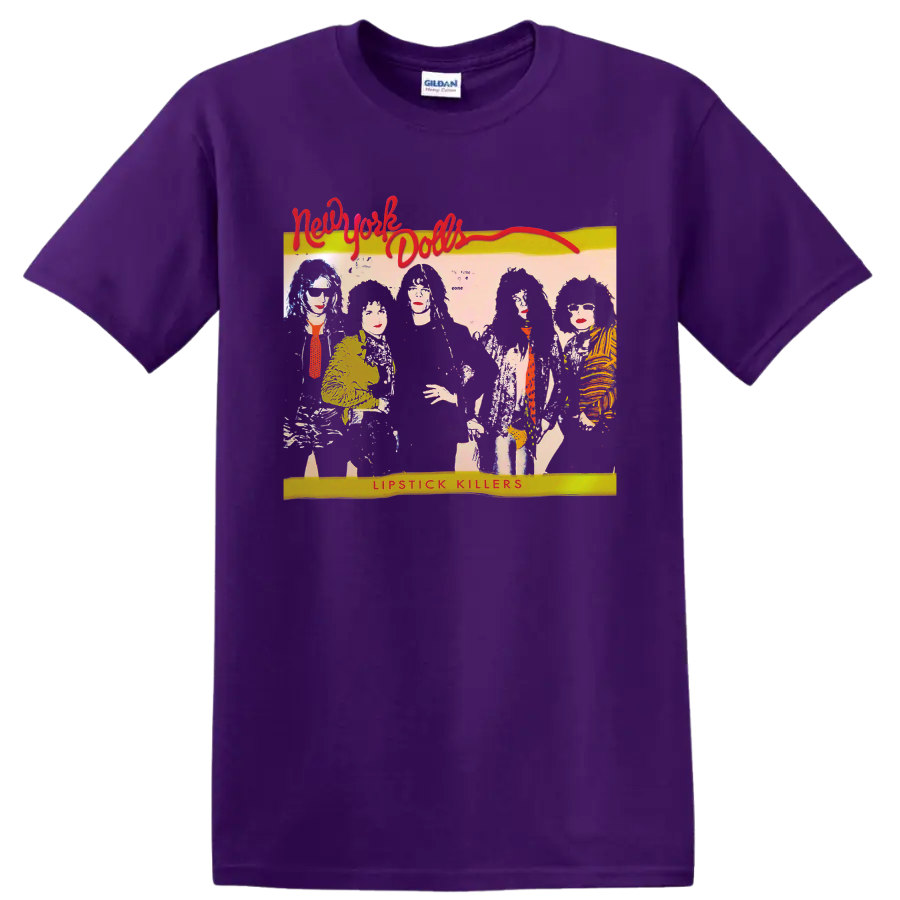 New York Dolls illustrated punk band graphic with Lipstick Killers text on a Purple T Shirt