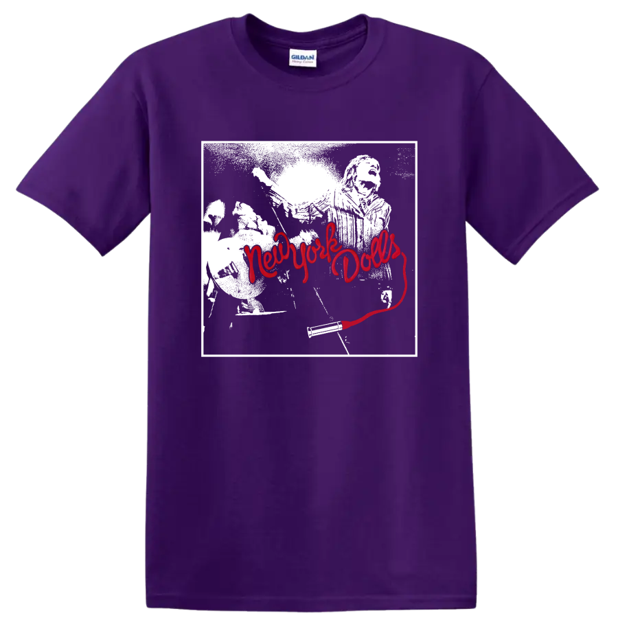 New York Dolls punk rock band portrait with bold red script graphic on a Purple T Shirt