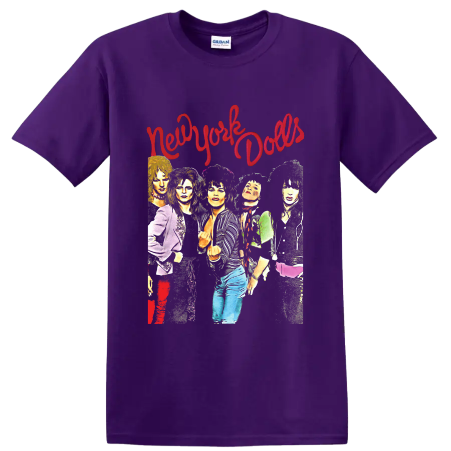 New York Dolls colorful punk rock band portrait with red script lettering on a Purple T Shirt