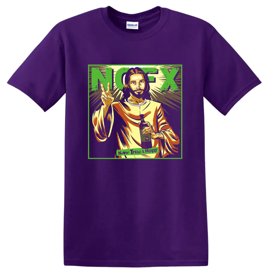 NOFX punk rock portrait graphic with peace sign and bold lettering on a Purple T Shirt
