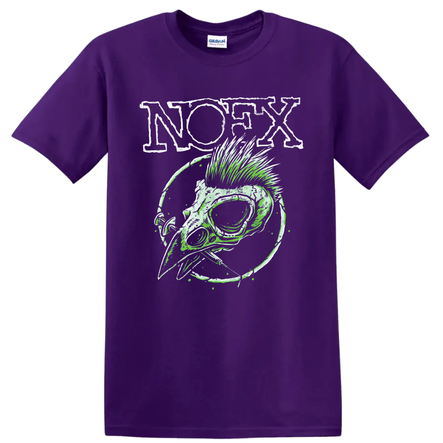 NOFX punk rock skull graphic with distressed lettering and green linework on a Purple T Shirt