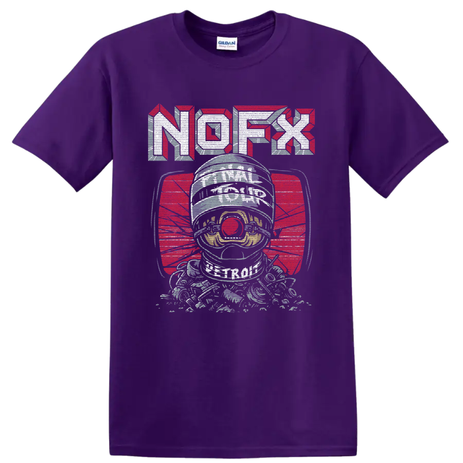 NOFX astronaut graphic with bold red and silver punk rock lettering on a Purple T Shirt
