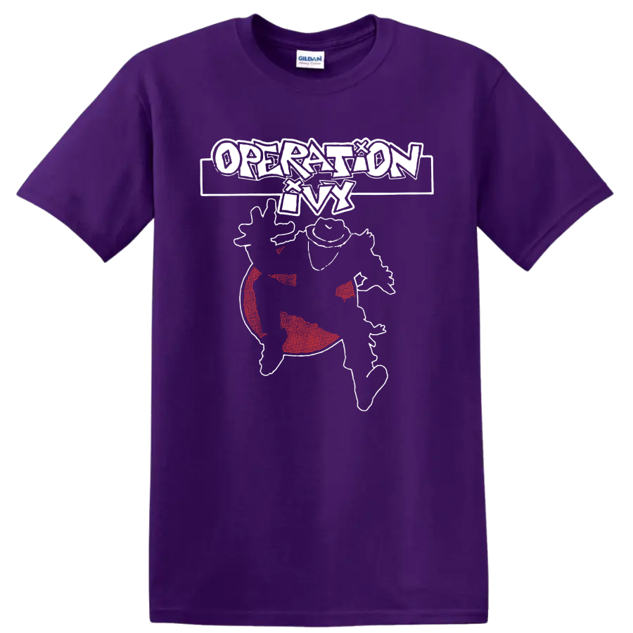 Operation Ivy punk rock graphic with distressed white lettering and red accents on a Purple T Shirt