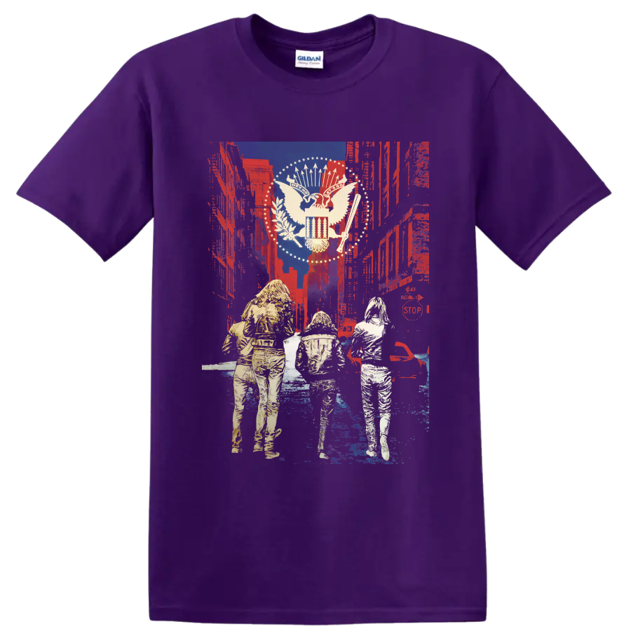 Ramones punk rock eagle graphic with distressed patriotic collage and three figures on a Purple T Shirt