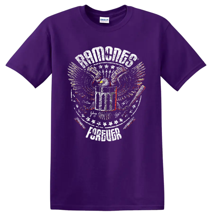 Ramones punk rock eagle crest distressed graphic print on a Purple T Shirt