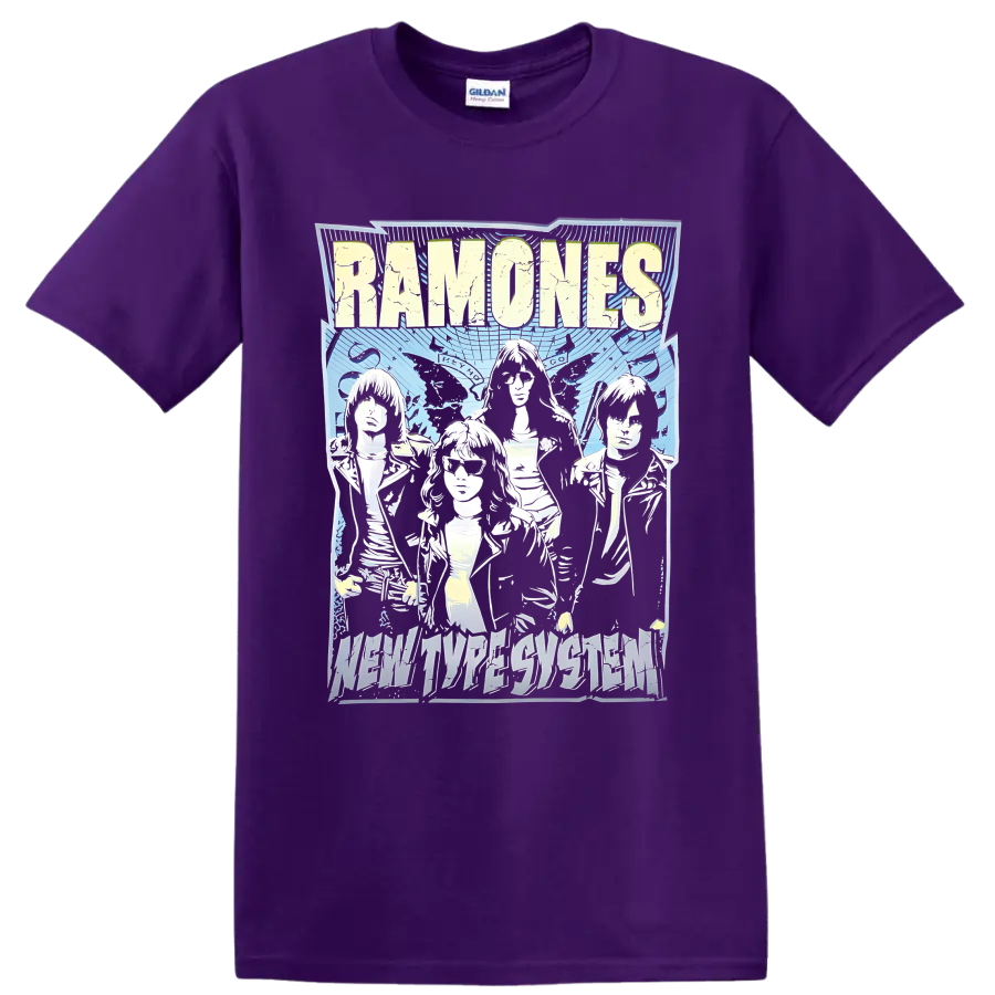 Ramones punk rock band graphic with illustrated portraits and bold lettering on a Purple T Shirt