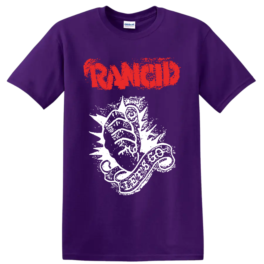 Rancid distressed red logo with white punk rock illustration on a Purple T Shirt