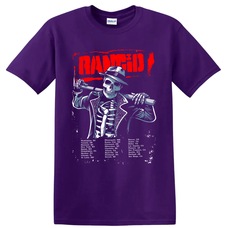 Rancid skeleton musician graphic with bold red lettering on a Purple T Shirt