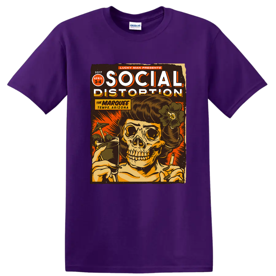 Social Distortion vintage punk rock skull poster graphic on a Purple T Shirt