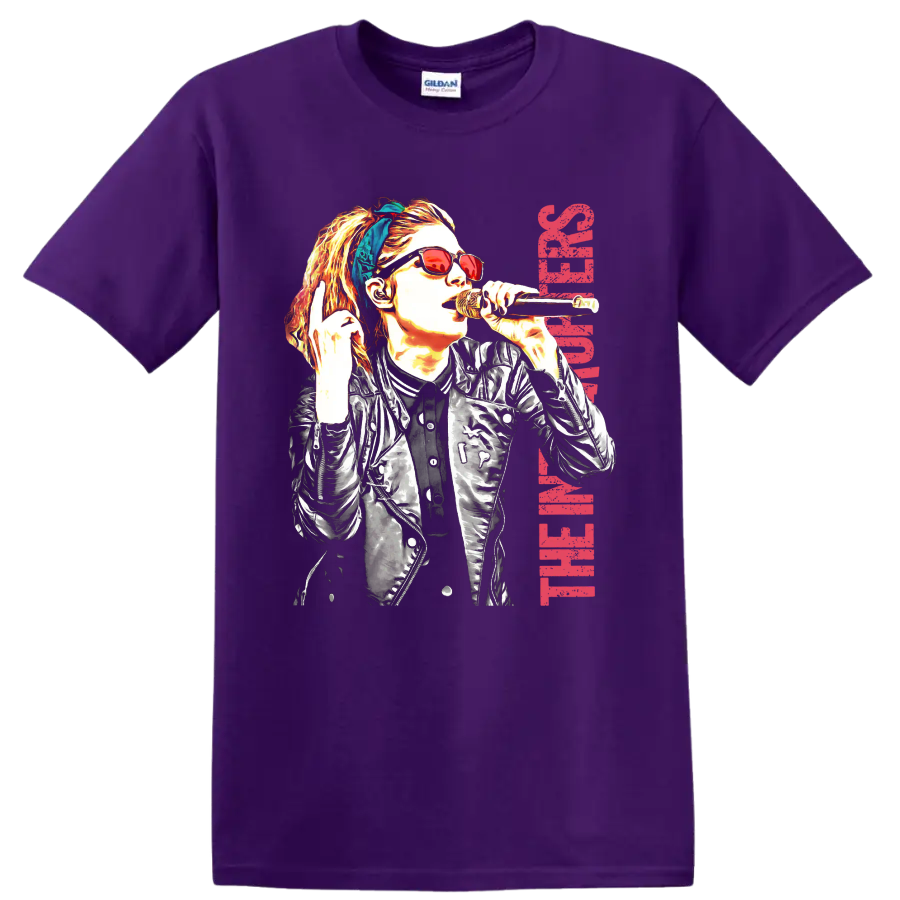 The Interrupters punk rock singer graphic with microphone and red lettering on a Purple T Shirt