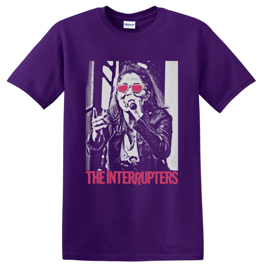 The Interrupters distressed punk rock portrait with pink sunglasses and magenta text on a Purple T Shirt