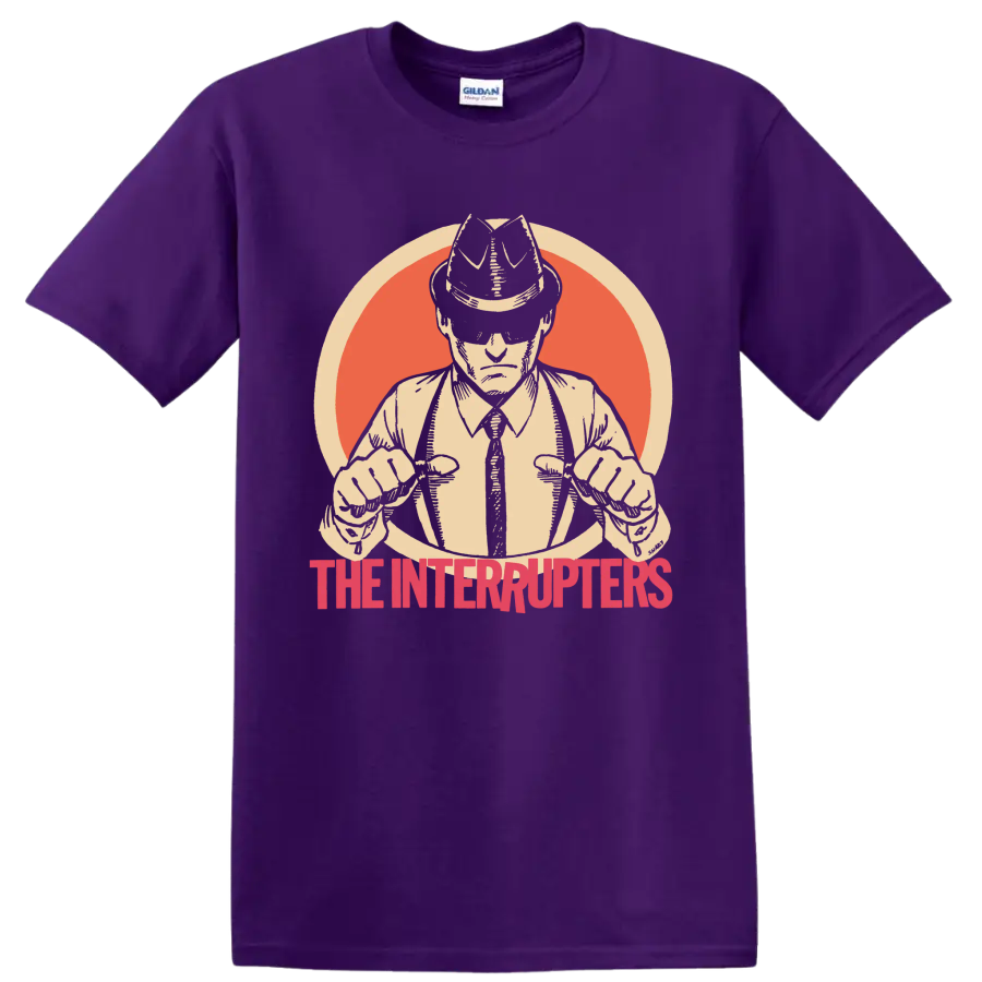 The Interrupters punk rock band graphic with hat-wearing figure and red lettering on a Purple T Shirt