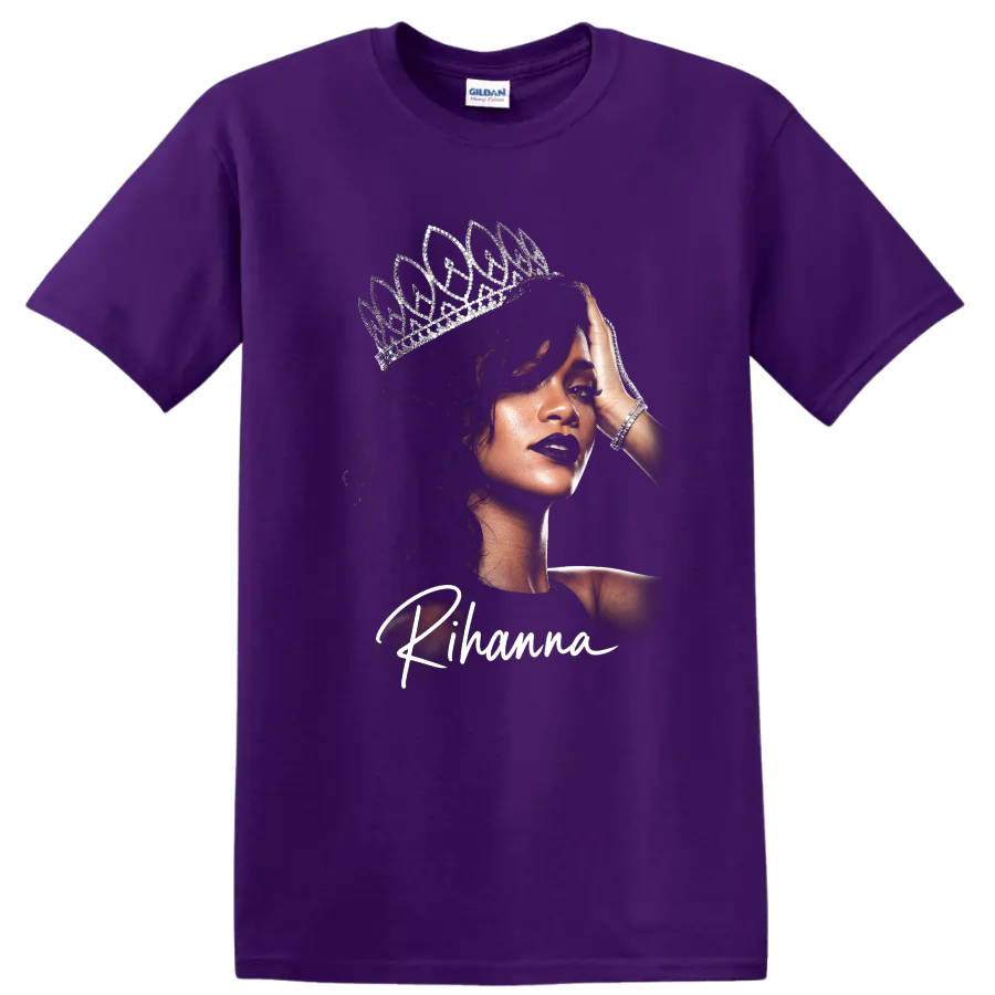 Rihanna portrait with silver crown and white script design on a Purple T Shirt