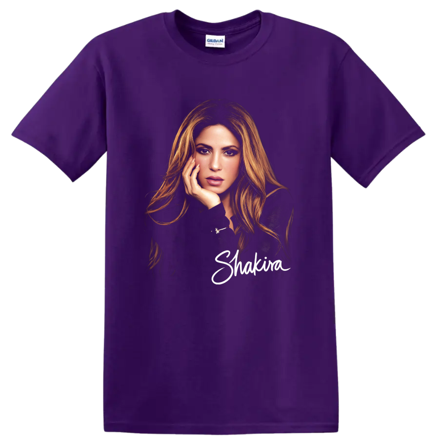 Shakira portrait fashion illustration with white script name on a Purple T Shirt