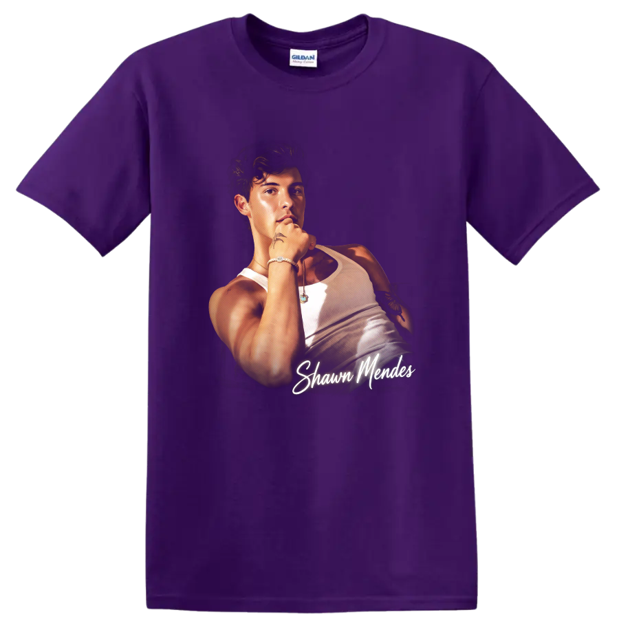 Shawn Mendes portrait fan art with white script lettering on a Purple T Shirt